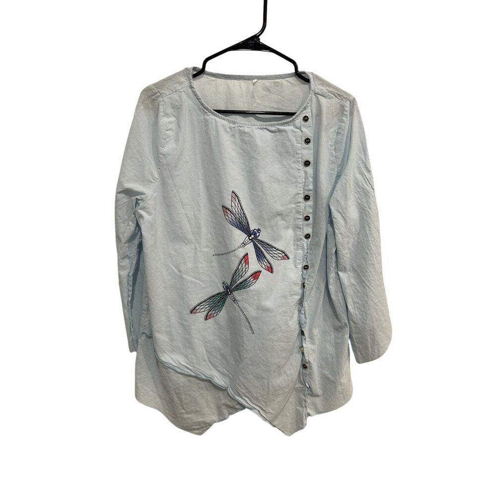Asymmetrical Hem Dragonfly Embroidery Button-Front Top Sz L Boho Artisan